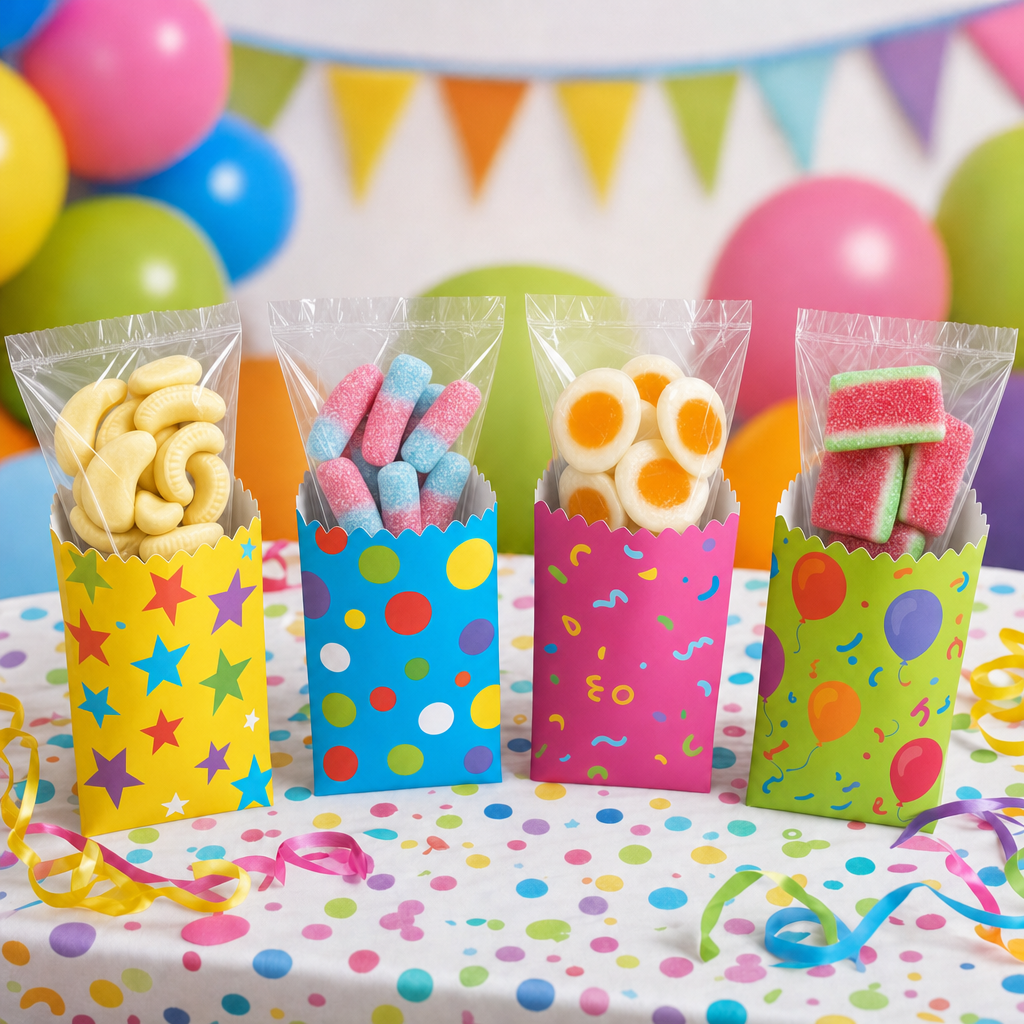 Colorful party favor bags with snacks on a tablecloth with balloons in the background