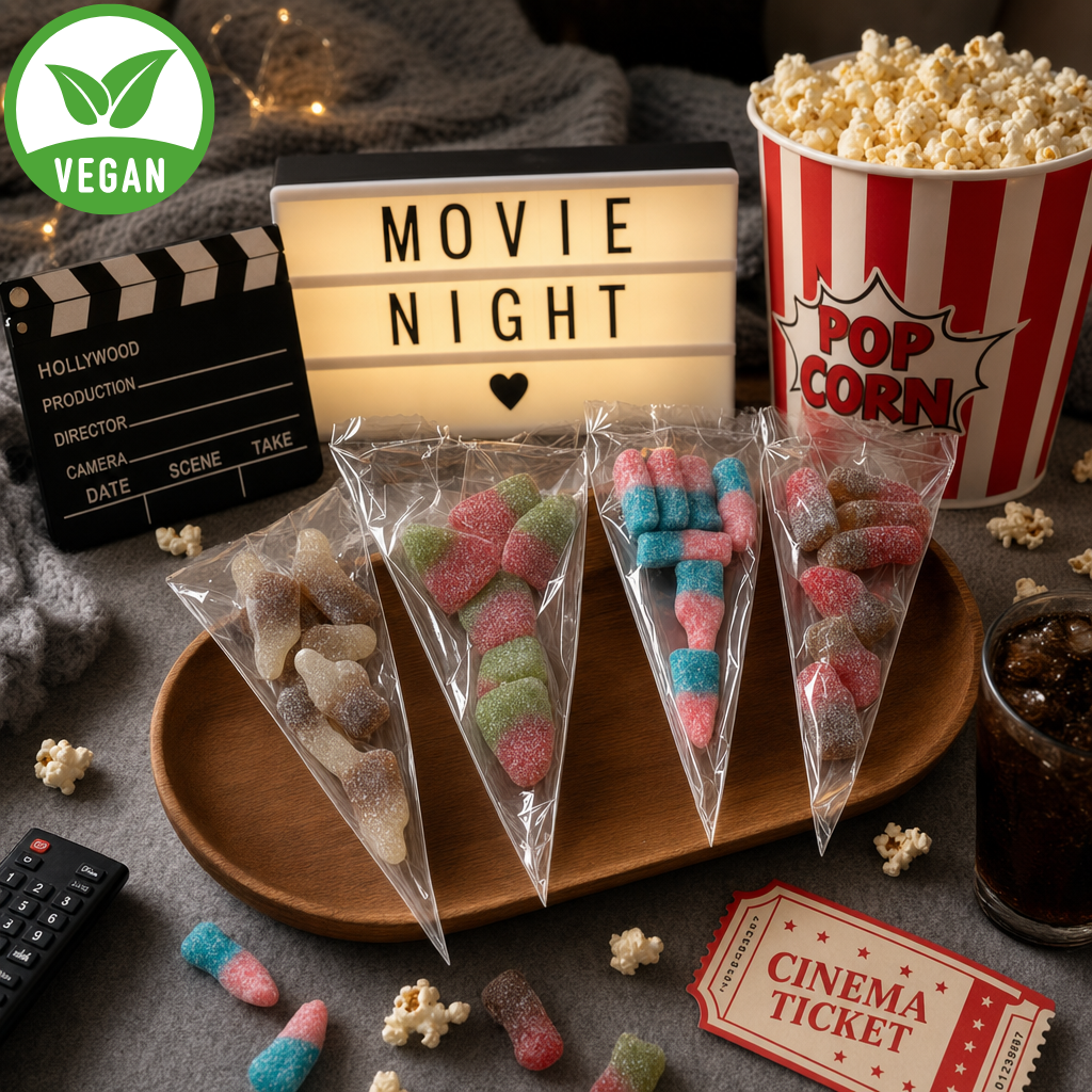 32 Pack Vegan Fizzy Sweets Treat Bags, Mixed Candycrave Pick n Mix Box, Cola Bottles, Cherry Cola, Bubblegum & Watermelon, Individually Wrapped Party Sweets, Vegan Friendly Sweet Cones