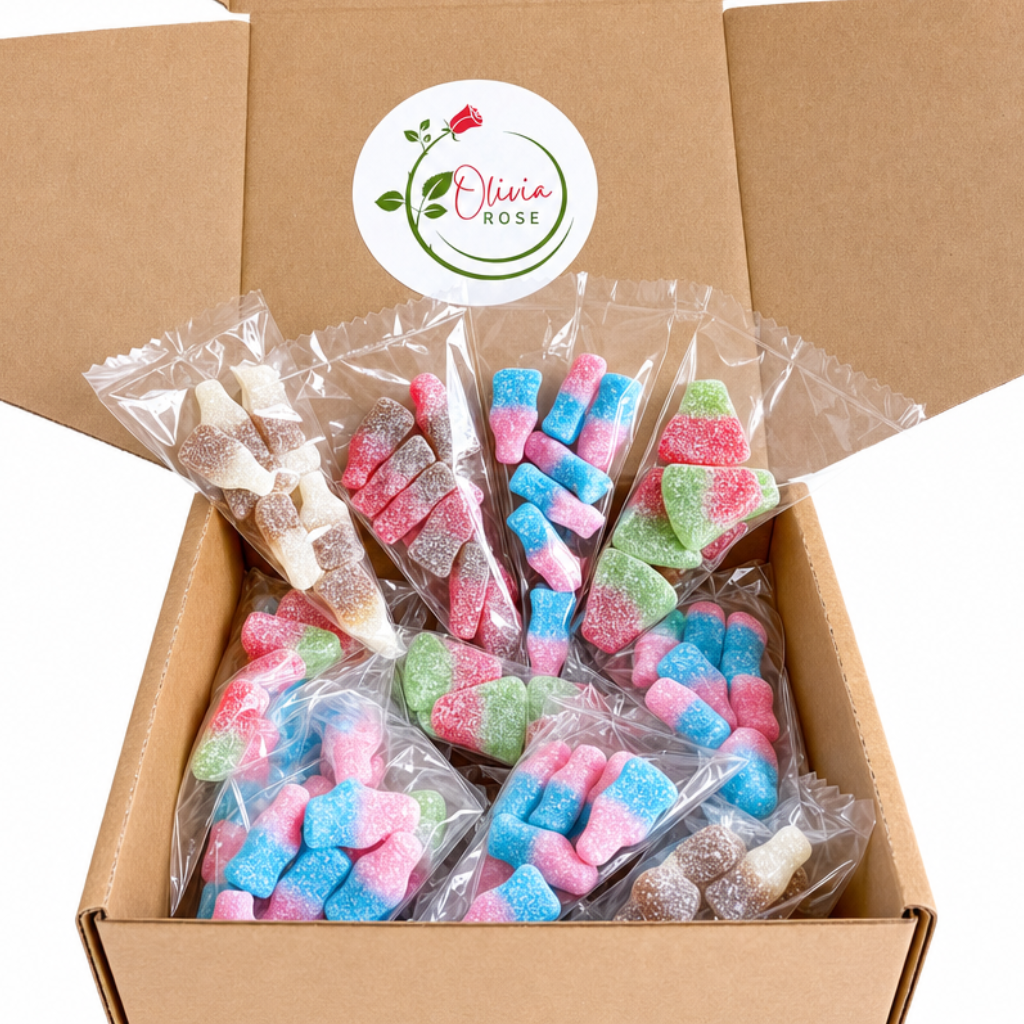 32 Pack Vegan Fizzy Sweets Treat Bags, Mixed Candycrave Pick n Mix Box, Cola Bottles, Cherry Cola, Bubblegum & Watermelon, Individually Wrapped Party Sweets, Vegan Friendly Sweet Cones