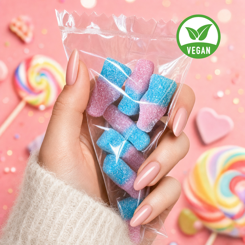 32 Pack Vegan Fizzy Sweets Treat Bags, Mixed Candycrave Pick n Mix Box, Cola Bottles, Cherry Cola, Bubblegum & Watermelon, Individually Wrapped Party Sweets, Vegan Friendly Sweet Cones