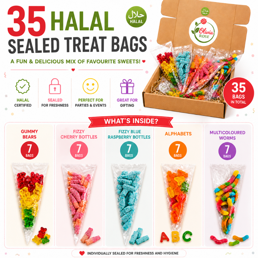 35 Pack Halal Sweet Treat Bags – Mixed Gummy & Fizzy Party Sweets – Sealed Individual Bags