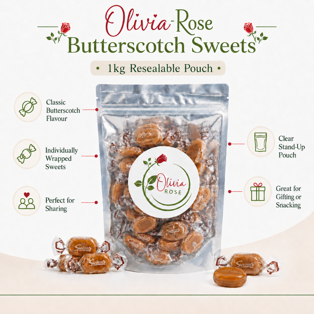 Olivia Rose Butterscotch Sweets Pouch – Made with Genuine Swizzels Butterscotch Sweets – 250g, 500g, 750g & 1kg (1000g)
