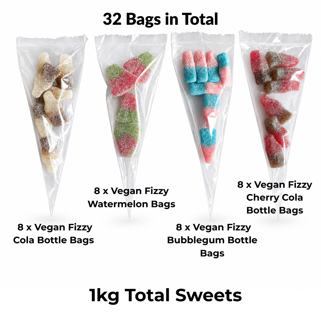 32 Pack Vegan Fizzy Sweets Treat Bags, Mixed Candycrave Pick n Mix Box, Cola Bottles, Cherry Cola, Bubblegum & Watermelon, Individually Wrapped Party Sweets, Vegan Friendly Sweet Cones