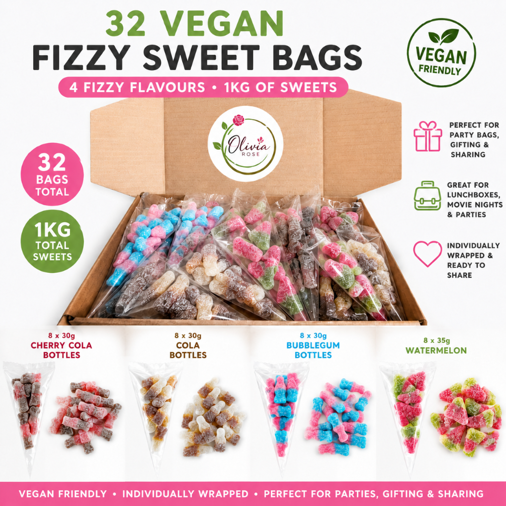 32 Pack Vegan Fizzy Sweets Treat Bags, Mixed Candycrave Pick n Mix Box, Cola Bottles, Cherry Cola, Bubblegum & Watermelon, Individually Wrapped Party Sweets, Vegan Friendly Sweet Cones