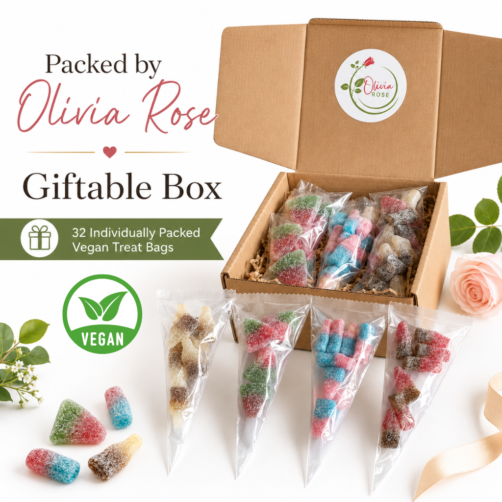 32 Pack Vegan Fizzy Sweets Treat Bags, Mixed Candycrave Pick n Mix Box, Cola Bottles, Cherry Cola, Bubblegum & Watermelon, Individually Wrapped Party Sweets, Vegan Friendly Sweet Cones