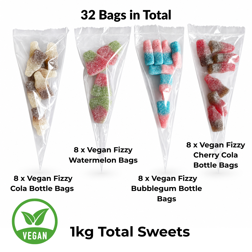 32 Pack Vegan Fizzy Sweets Treat Bags, Mixed Candycrave Pick n Mix Box, Cola Bottles, Cherry Cola, Bubblegum & Watermelon, Individually Wrapped Party Sweets, Vegan Friendly Sweet Cones