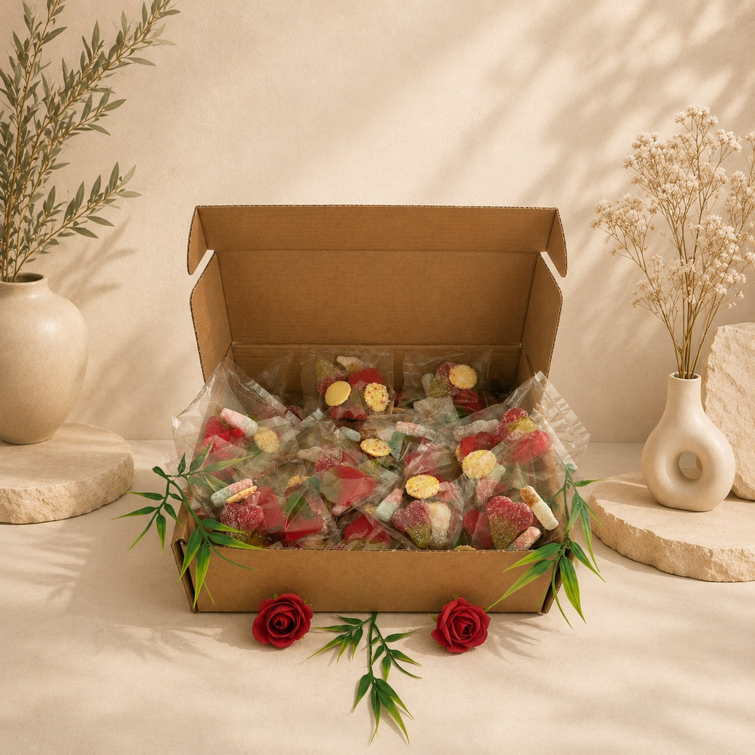 Box of 50 individually wrapped party sweet bags, decorated with 2 roses and beige vases sitting on rocks