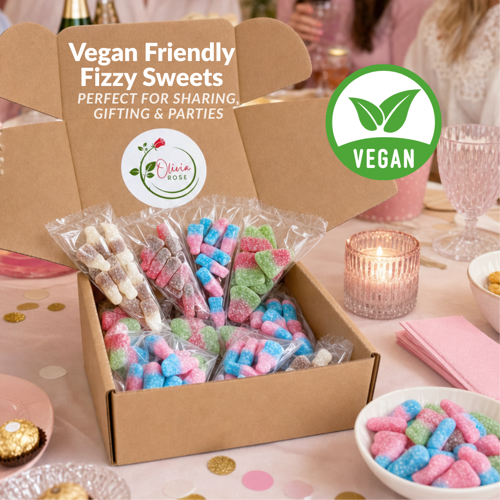 32 Pack Vegan Fizzy Sweets Treat Bags, Mixed Candycrave Pick n Mix Box, Cola Bottles, Cherry Cola, Bubblegum & Watermelon, Individually Wrapped Party Sweets, Vegan Friendly Sweet Cones