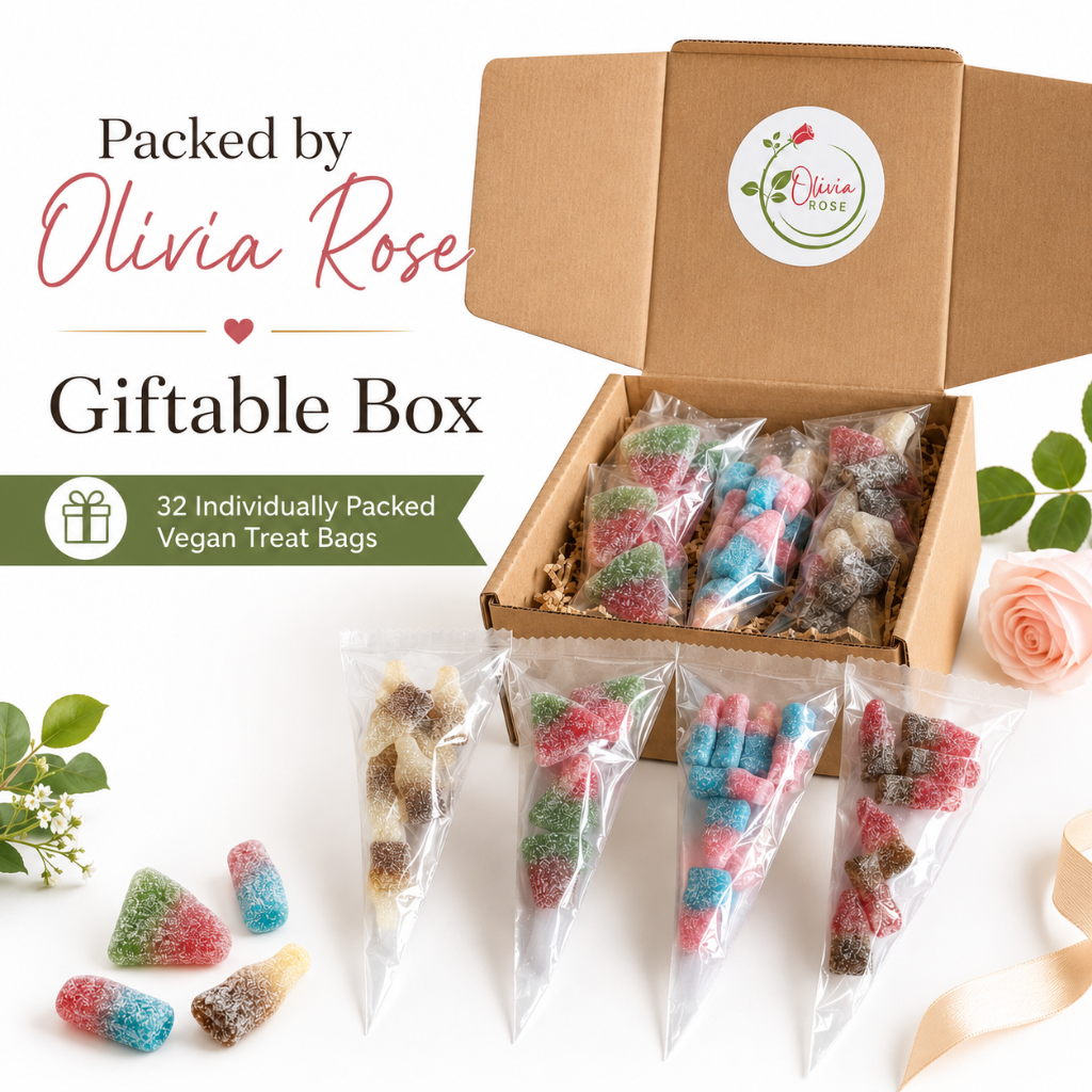 32 Pack Vegan Fizzy Sweets Treat Bags, Mixed Candycrave Pick n Mix Box, Cola Bottles, Cherry Cola, Bubblegum & Watermelon, Individually Wrapped Party Sweets, Vegan Friendly Sweet Cones