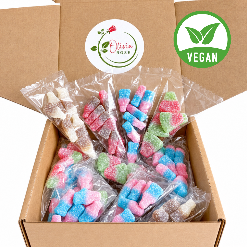 32 Pack Vegan Fizzy Sweets Treat Bags, Mixed Candycrave Pick n Mix Box, Cola Bottles, Cherry Cola, Bubblegum & Watermelon, Individually Wrapped Party Sweets, Vegan Friendly Sweet Cones