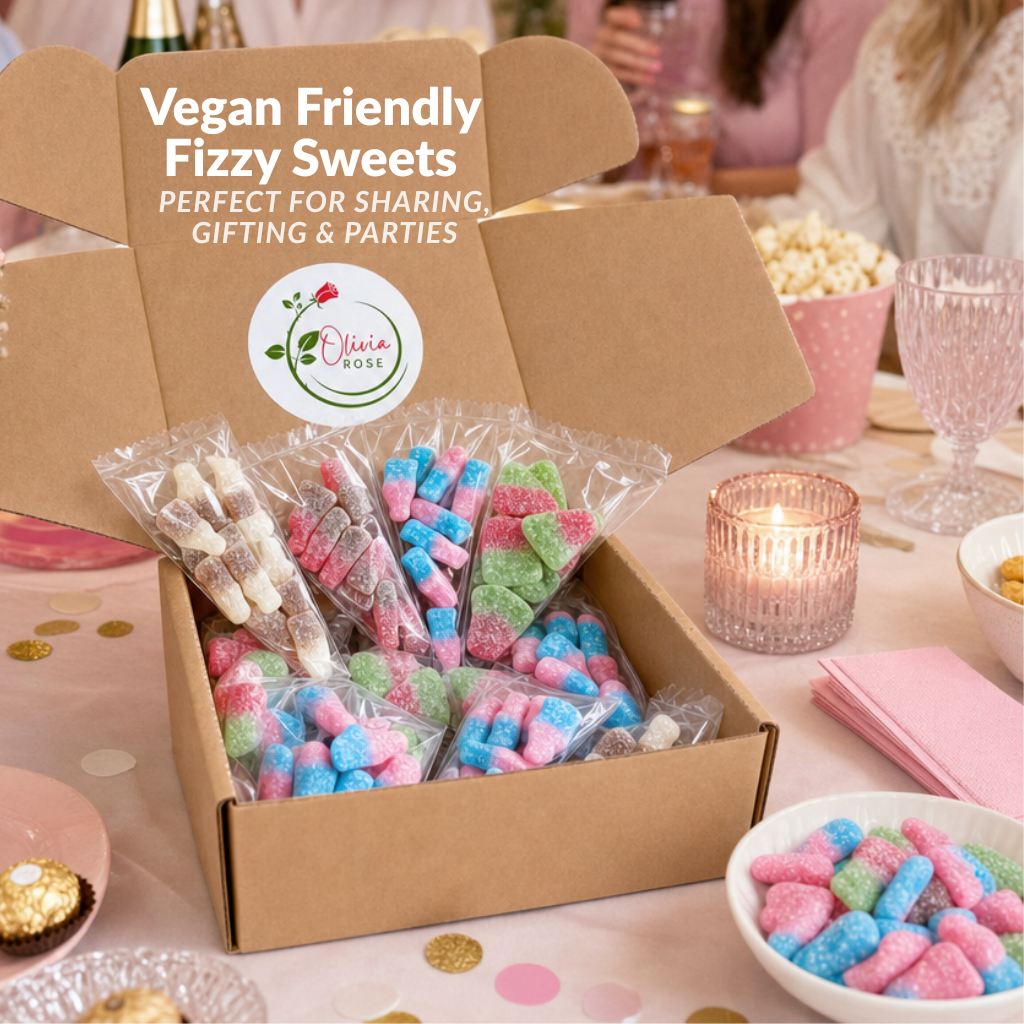 32 Pack Vegan Fizzy Sweets Treat Bags, Mixed Candycrave Pick n Mix Box, Cola Bottles, Cherry Cola, Bubblegum & Watermelon, Individually Wrapped Party Sweets, Vegan Friendly Sweet Cones