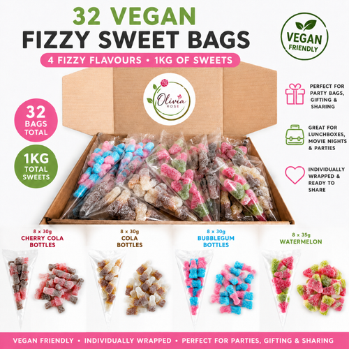 32 Pack Vegan Fizzy Sweets Treat Bags, Mixed Candycrave Pick n Mix Box, Cola Bottles, Cherry Cola, Bubblegum & Watermelon, Individually Wrapped Party Sweets, Vegan Friendly Sweet Cones