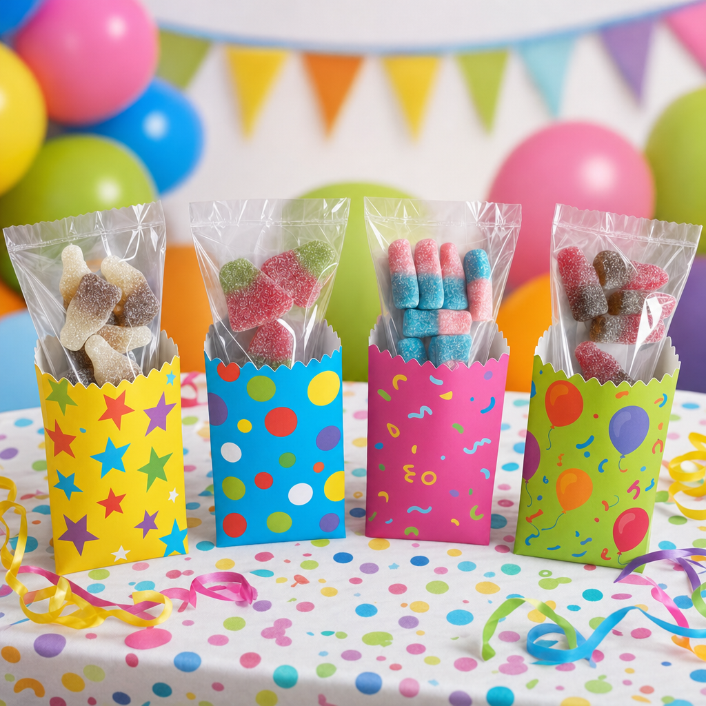 32 Pack Vegan Fizzy Sweets Treat Bags, Mixed Candycrave Pick n Mix Box, Cola Bottles, Cherry Cola, Bubblegum & Watermelon, Individually Wrapped Party Sweets, Vegan Friendly Sweet Cones