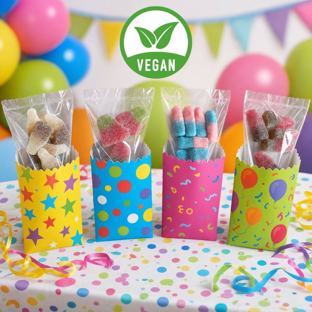 32 Pack Vegan Fizzy Sweets Treat Bags, Mixed Candycrave Pick n Mix Box, Cola Bottles, Cherry Cola, Bubblegum & Watermelon, Individually Wrapped Party Sweets, Vegan Friendly Sweet Cones