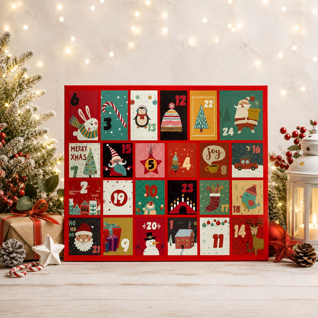 A Christmas advent calendar with 24 numbered doors in festive holiday colors, styled on a wooden surface with a wrapped gift, star ornament, pinecones, berries, and a glowing lantern against a softly lit holiday background.