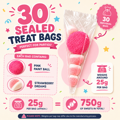 30 Pack Pink Party Sweets Treat Bags, Pick n Mix Box, Pink Strawberry Dreams, Pink Paint Balls, Individually Wrapped Party Sweets