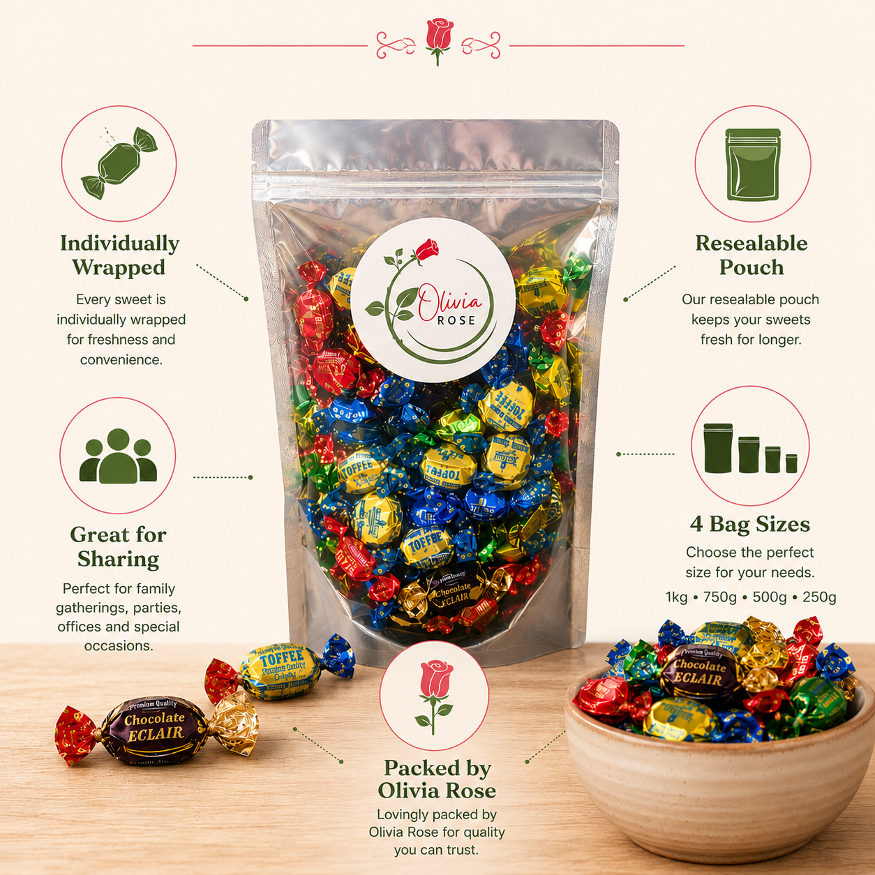 Olivia Rose Assorted Toffees & Eclairs – Resealable Sweet Pouch – 250g, 500g, 750g & 1000g