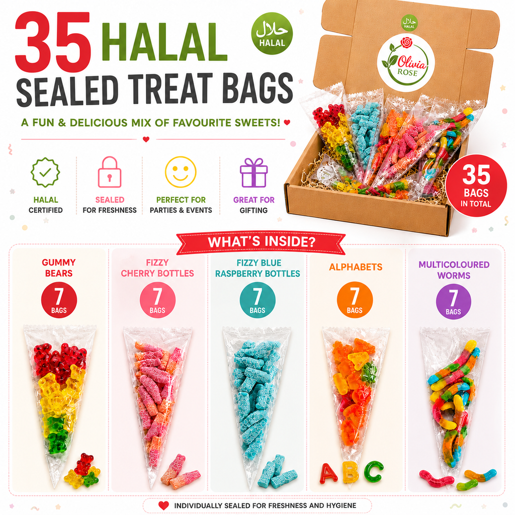 35 Pack Halal Sweet Treat Bags – Mixed Gummy & Fizzy Party Sweets – Sealed Individual Bags