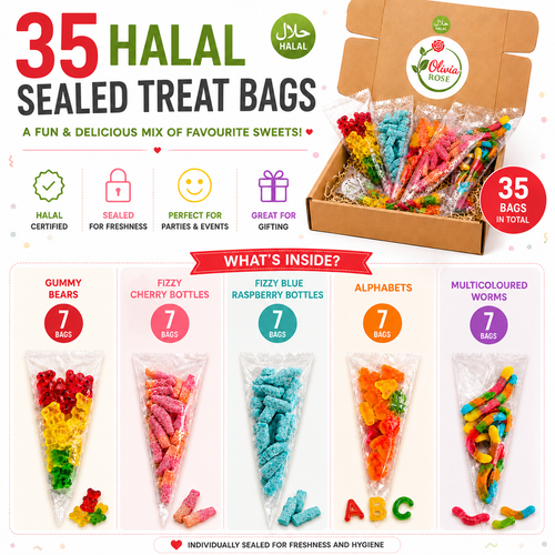 35 Pack Halal Sweet Treat Bags – Mixed Gummy & Fizzy Party Sweets – Sealed Individual Bags