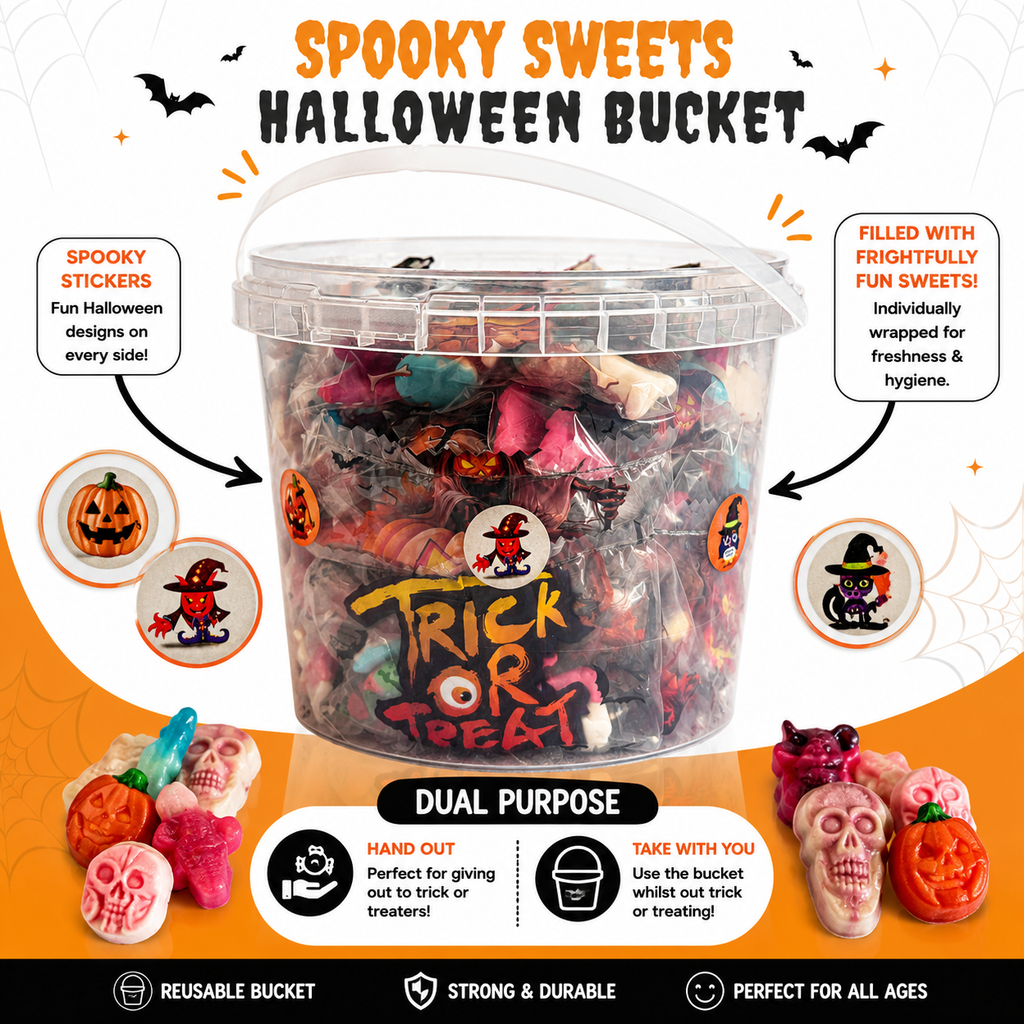 Halloween Spooky Treat Bucket – 25 Mini Sweet Bags with Reusable 2.5L Trick or Treat Bucket