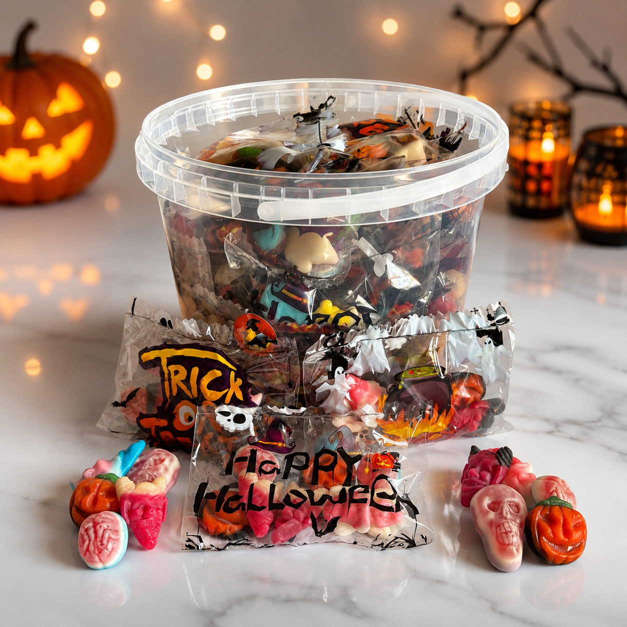 Halloween Spooky Treat Bucket – 25 Mini Sweet Bags with Reusable 2.5L Trick or Treat Bucket