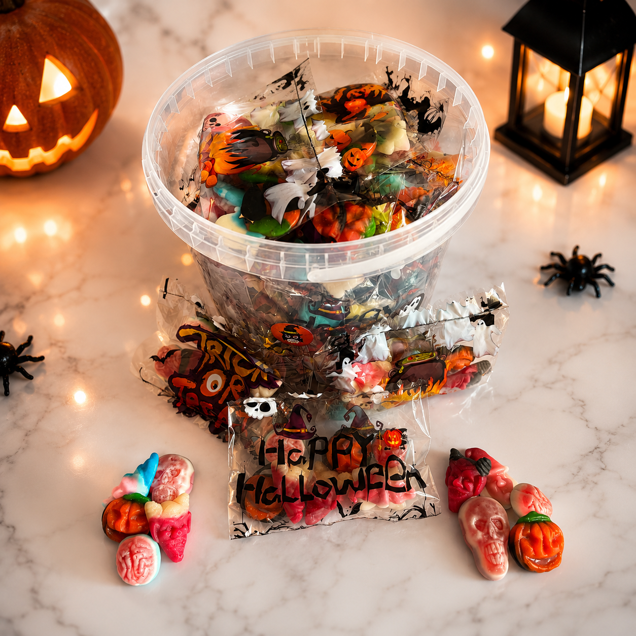 Halloween Spooky Treat Bucket – 25 Mini Sweet Bags with Reusable 2.5L Trick or Treat Bucket