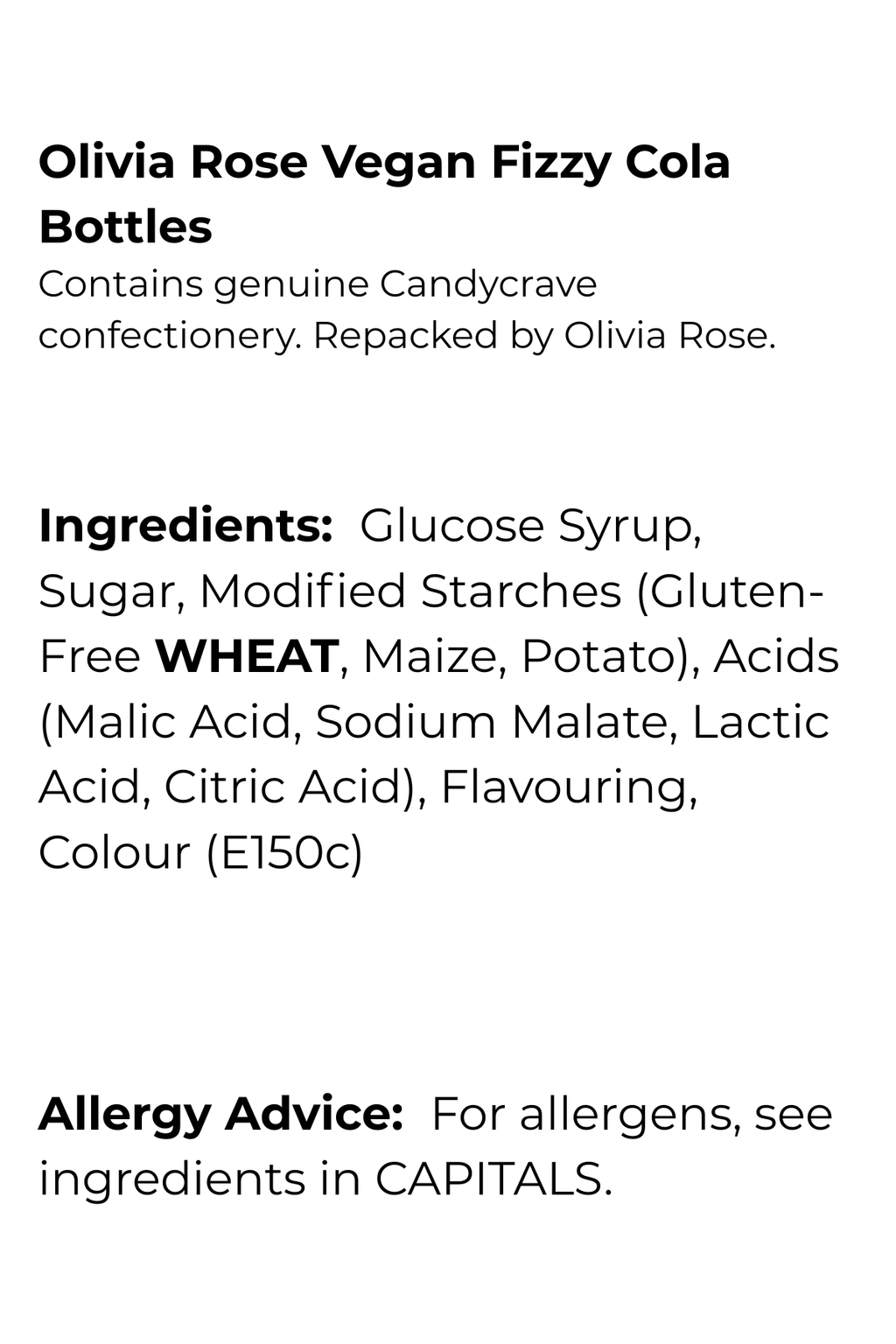Olivia Rose Vegan Fizzy Cola Bottles – Resealable Sweet Pouch – 250g, 500g, 750g & 1000g