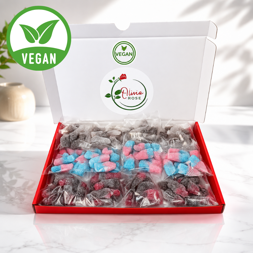 Vegan Family Favourites Sweet Box, 12 Bag Letterbox Sweets Gift Box, Cola, Cherry Cola & Bubblegum Bottles