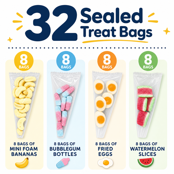Promotional graphic for 32 sealed treat bags with various snack options.