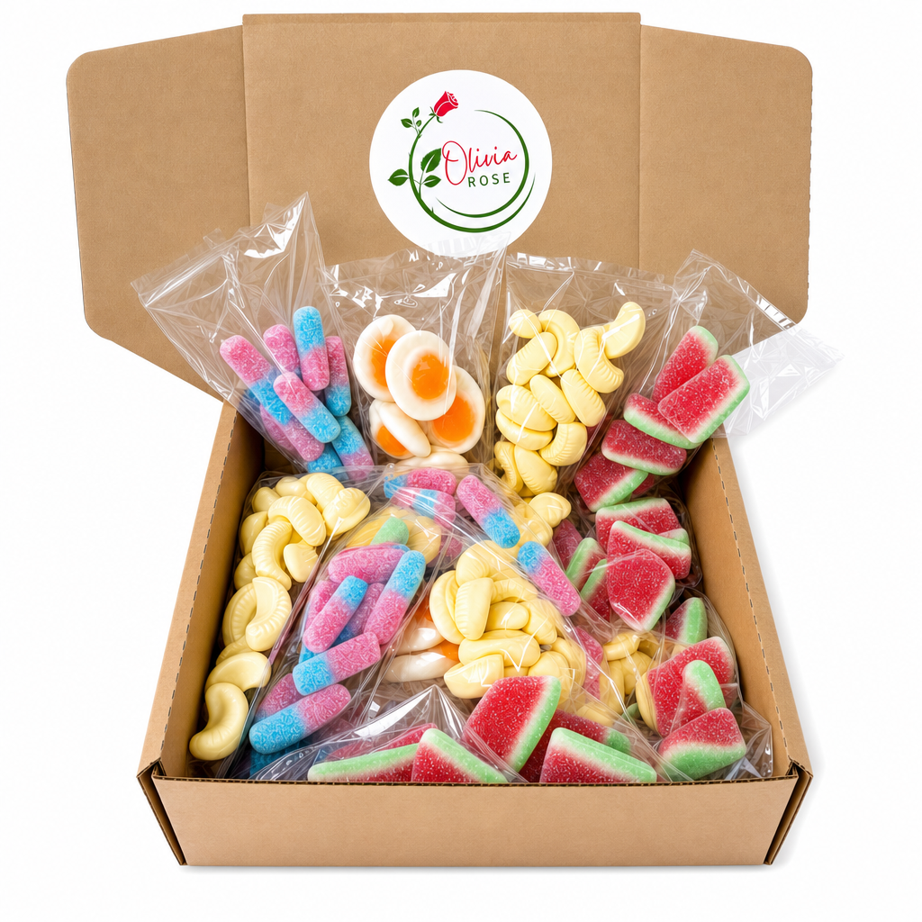 Box of colorful candy with a visible brand logo of Olivia Rose on a white background