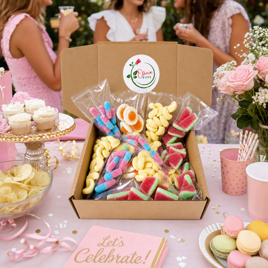 Olivia Rose box of colourful candies on a table with people and decorations in the background