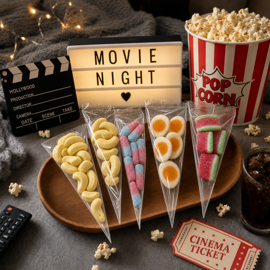 Movie night setup with popcorn, candy cones, and a lightbox reading &