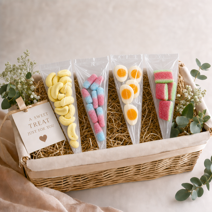 Basket of colorful candy cones with a decorative card on a light background