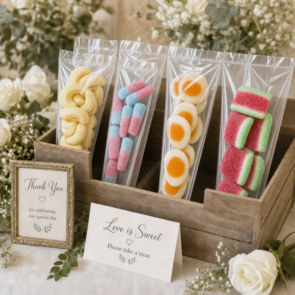 Wooden box with clear bags of colorful candies, surrounded by flowers and a 'Thank You' sign.
