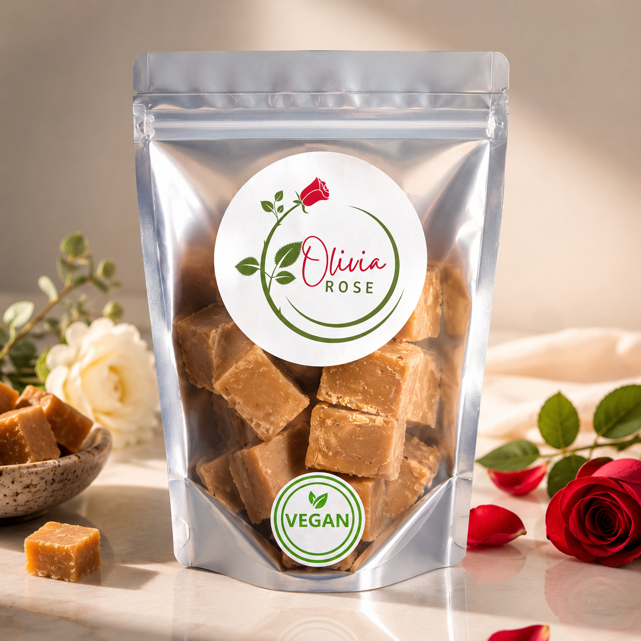 Olivia Rose Dairy Free Salted Caramel Flavoured Fudge – Resealable Pouch – 250g, 500g, 750g & 1kg