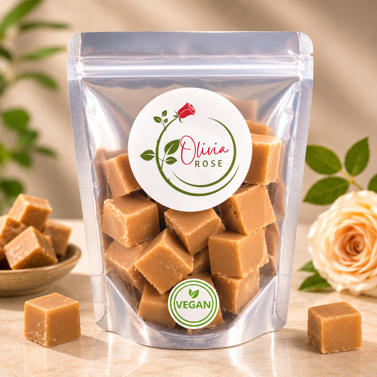 Olivia Rose Dairy Free Vanilla Flavoured Fudge – Resealable Pouch – 250g, 500g, 750g & 1kg