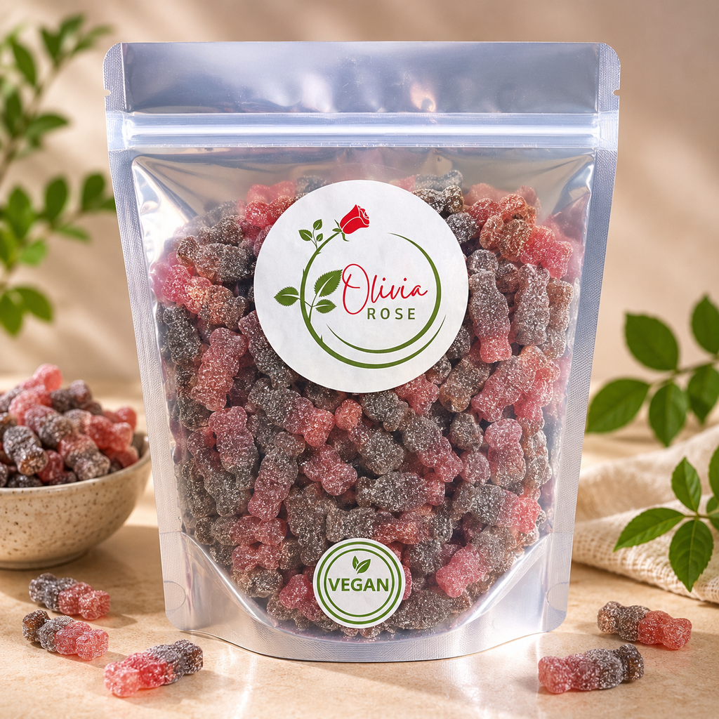 Olivia Rose Vegan Fizzy Cherry Cola Bottles – Resealable Pouch – 250g, 500g, 750g & 1000g