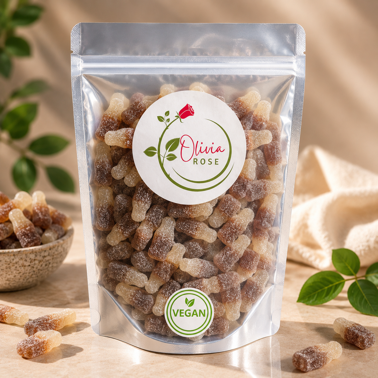 Olivia Rose Vegan Fizzy Cola Bottles – Resealable Sweet Pouch – 250g, 500g, 750g & 1000g