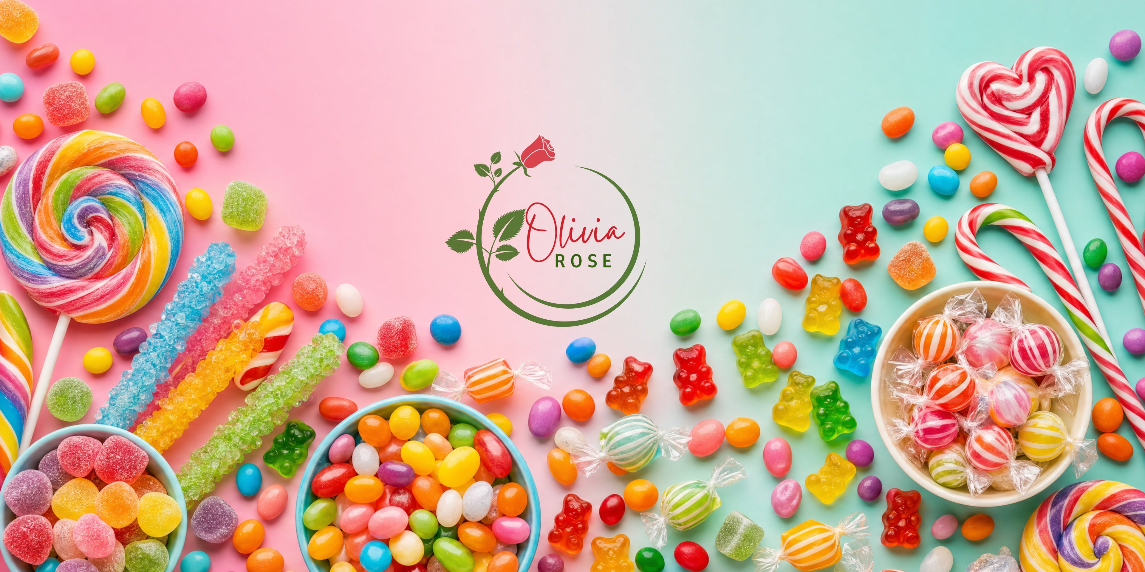 Colorful candy assortment with Olivia Rose logo on a pastel background