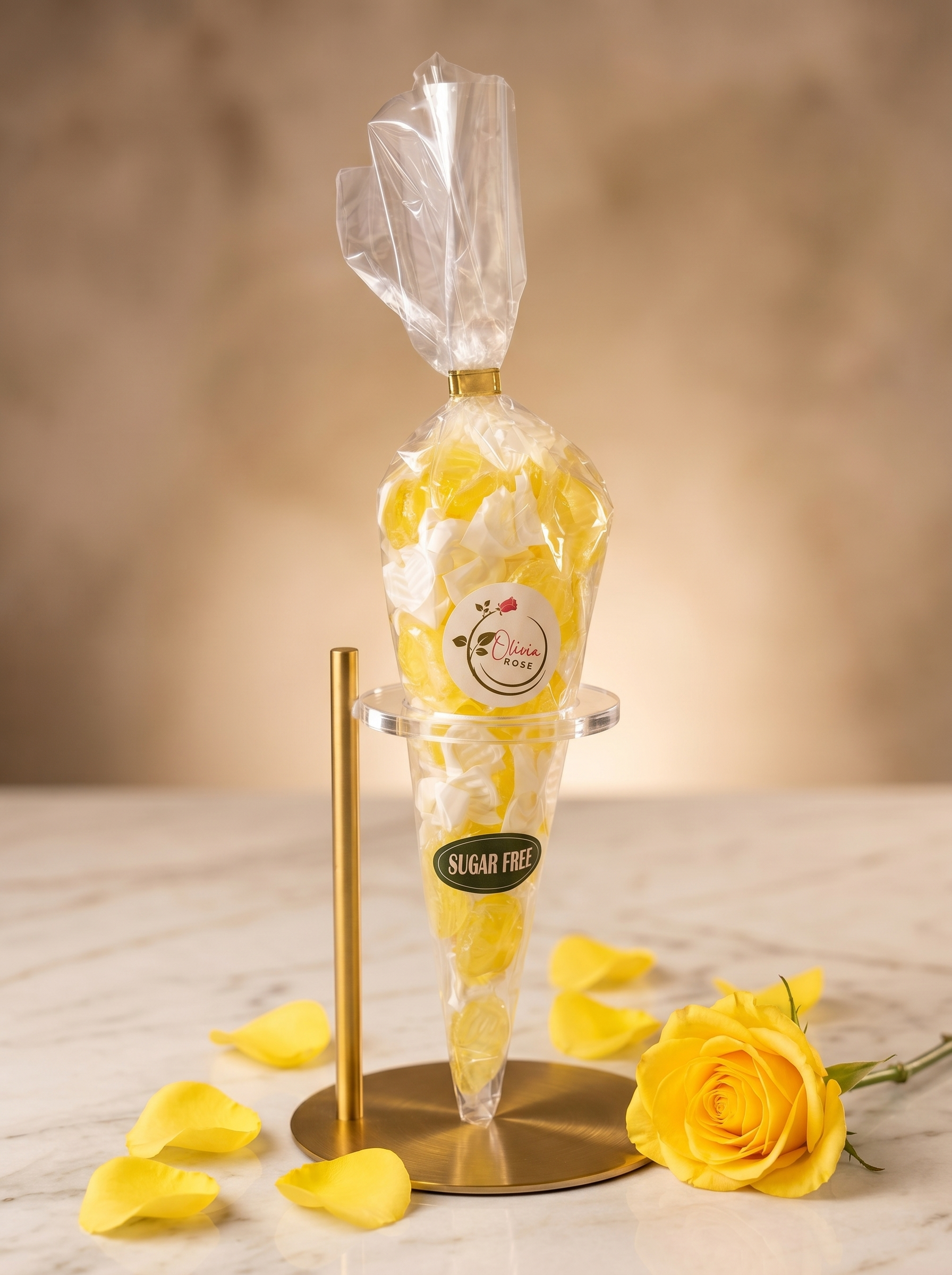 Sugary treat in a cone with yellow roses on a marble surface