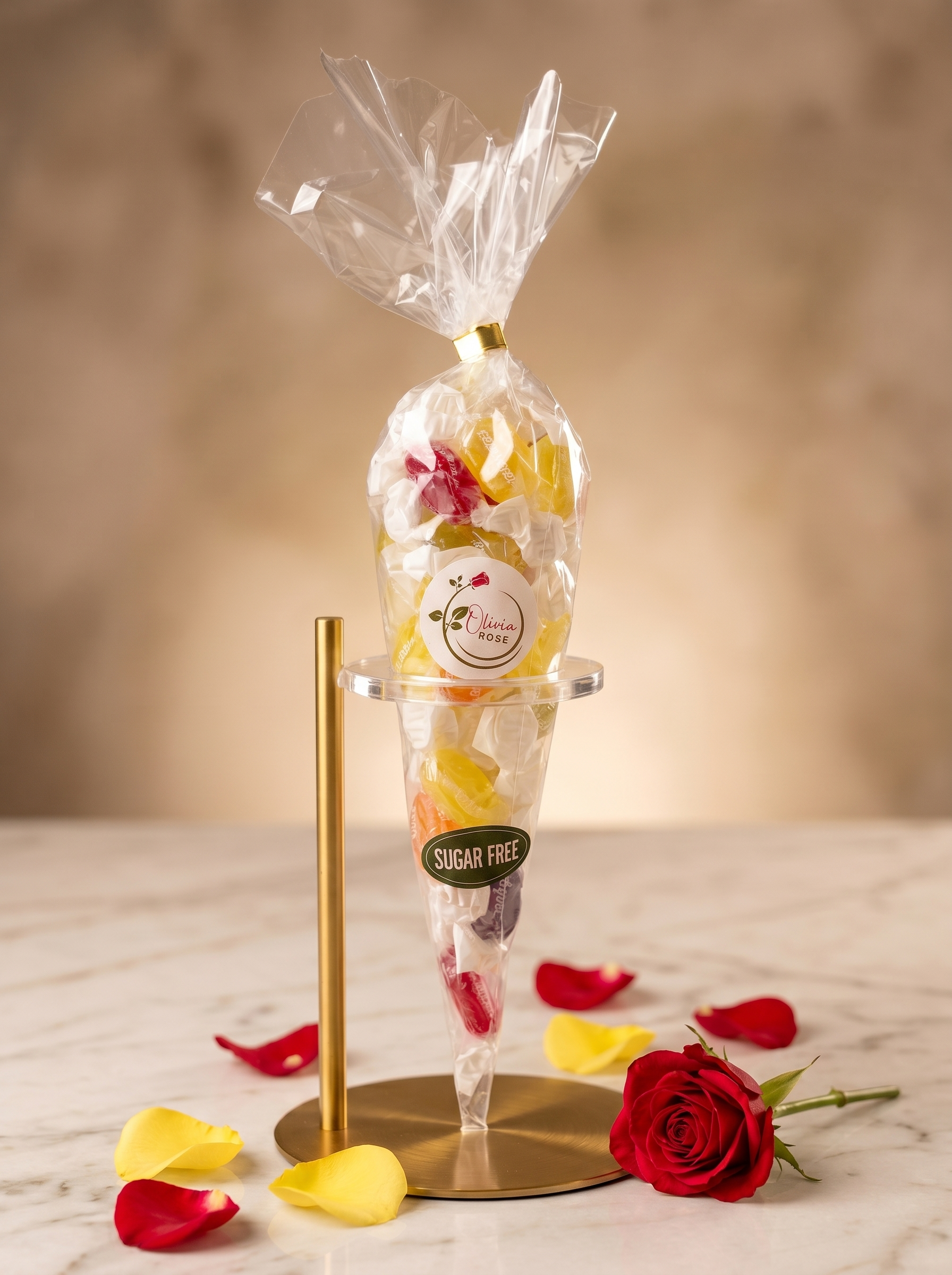 Decorative cone with candy on a stand, surrounded by red and yellow rose petals on a marble surface.