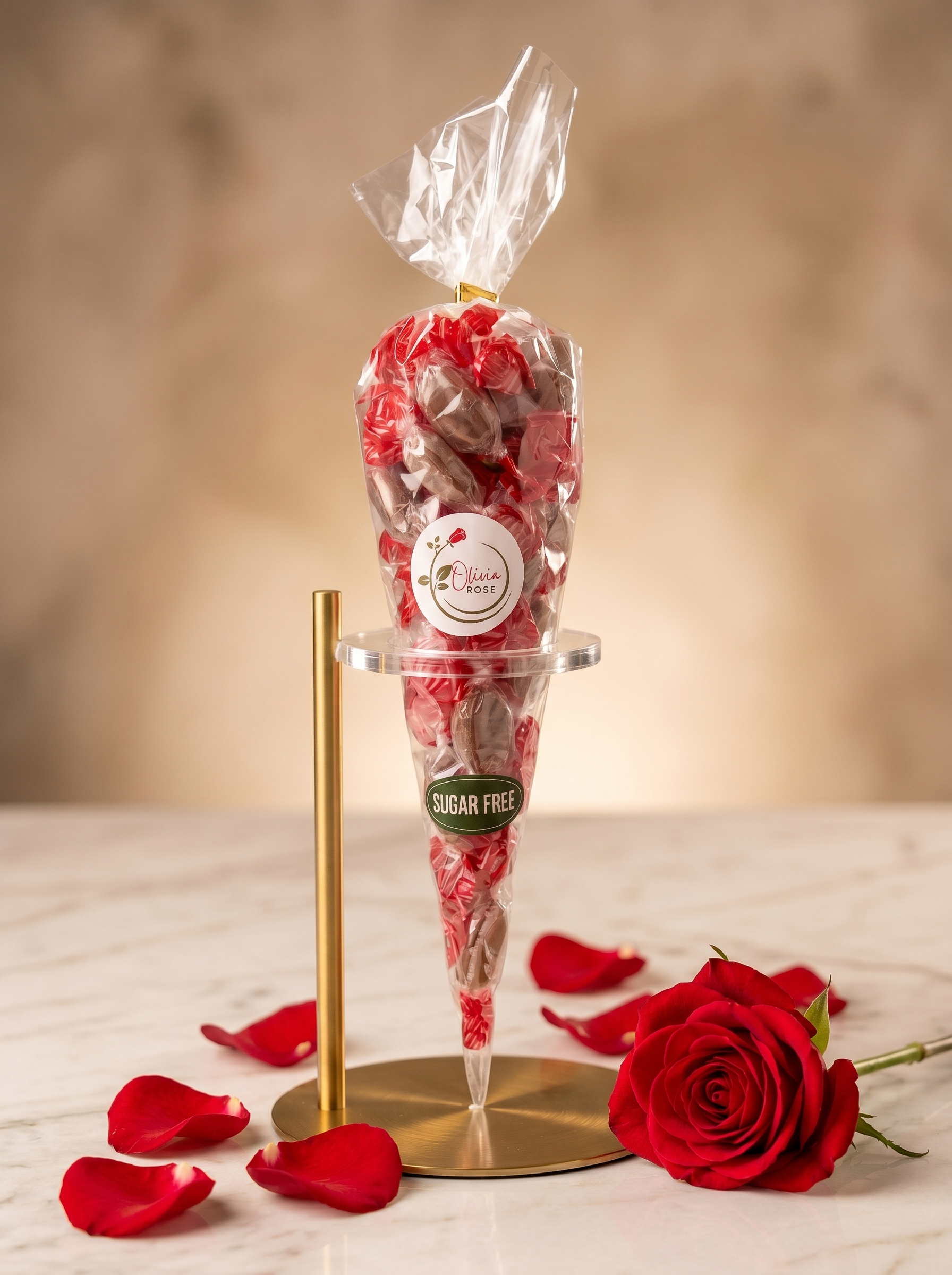 Cone filled with mint humbugs on a stand with a rose and petals on a beige background