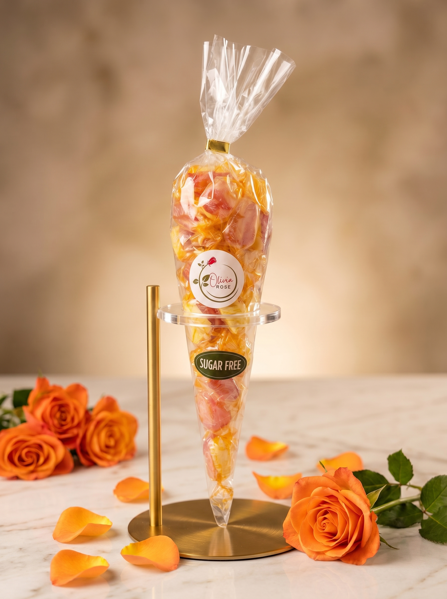 Sugar-free candy cone with an Olivia Rose label, surrounded by orange roses on a marble surface.