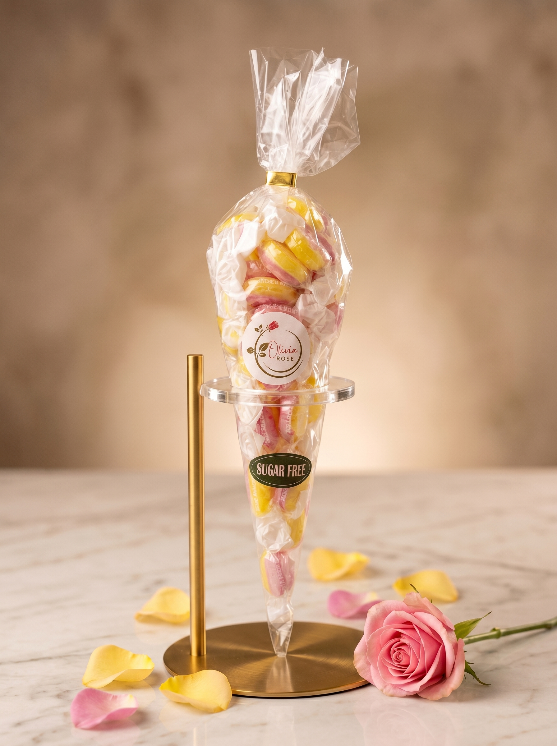 Confectionery cone with an Olivia Rose, and sugar free label on a stand, surrounded by rose petals and a pink rose on a marble surface.
