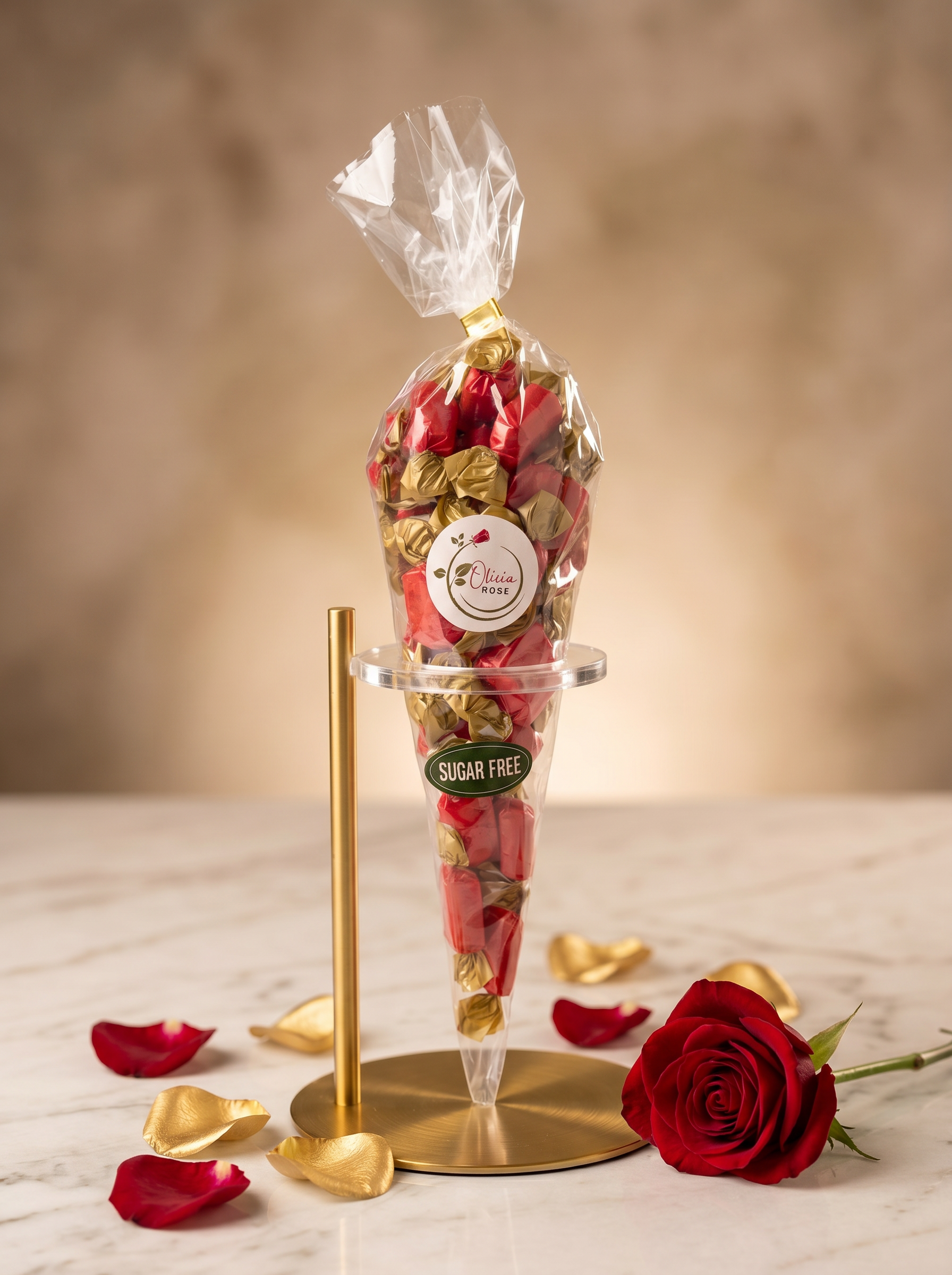 Conical bag of candy with a gold stand and red rose on a neutral background