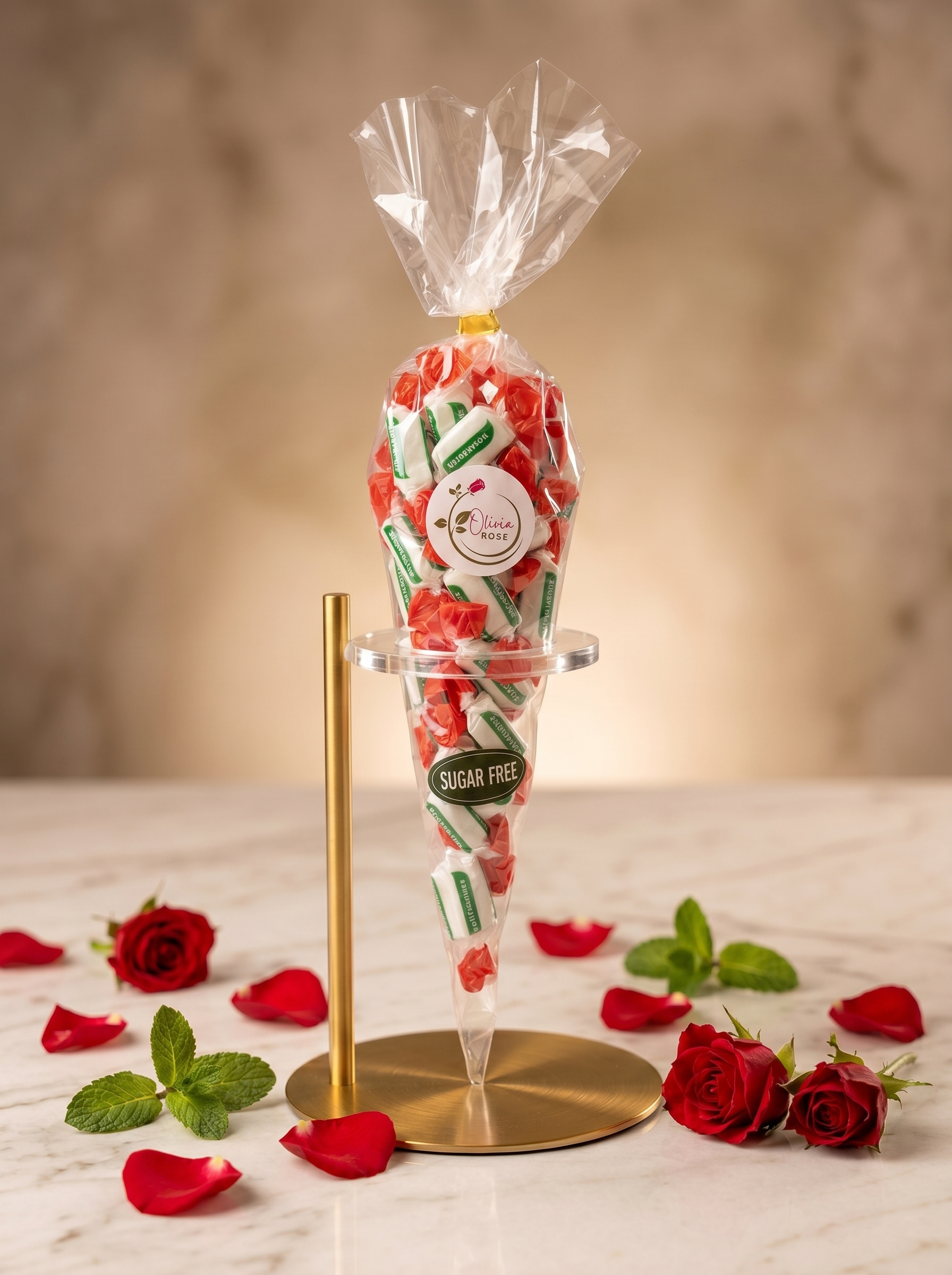 Cone-shaped candy with red roses and green leaves on a stand, surrounded by rose petals and mint leaves.