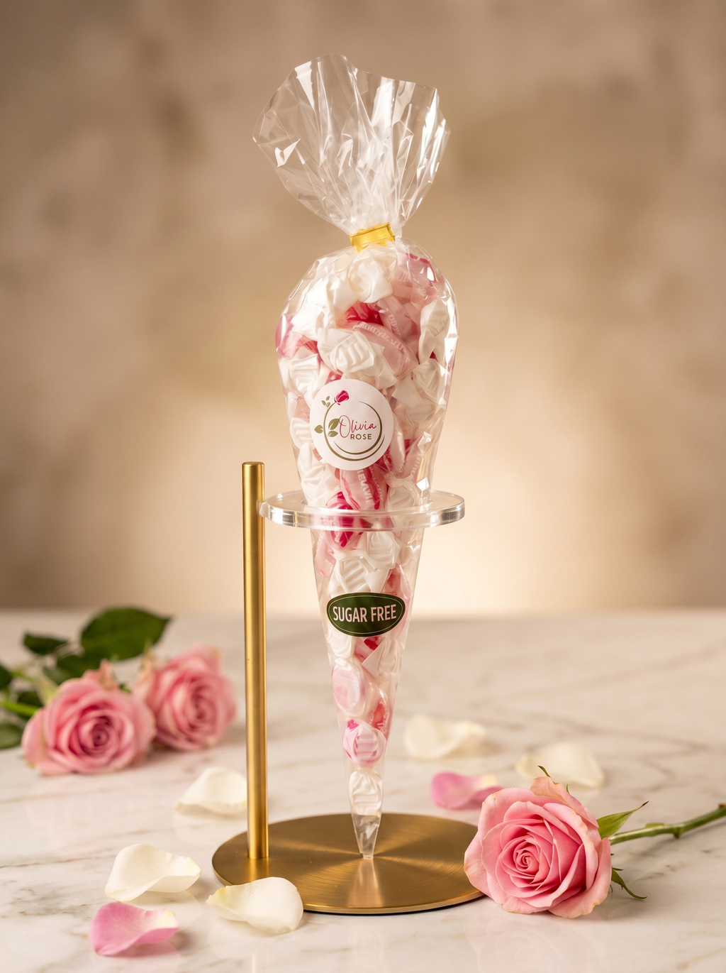 Decorative candy cone with pink flowers on a marble surface with roses.