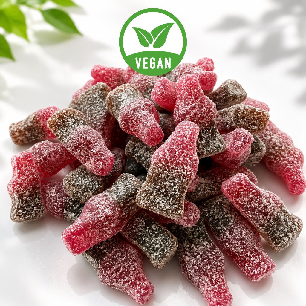 Vegan Family Favourites Sweet Box, 12 Bag Letterbox Sweets Gift Box, Cola, Cherry Cola & Bubblegum Bottles