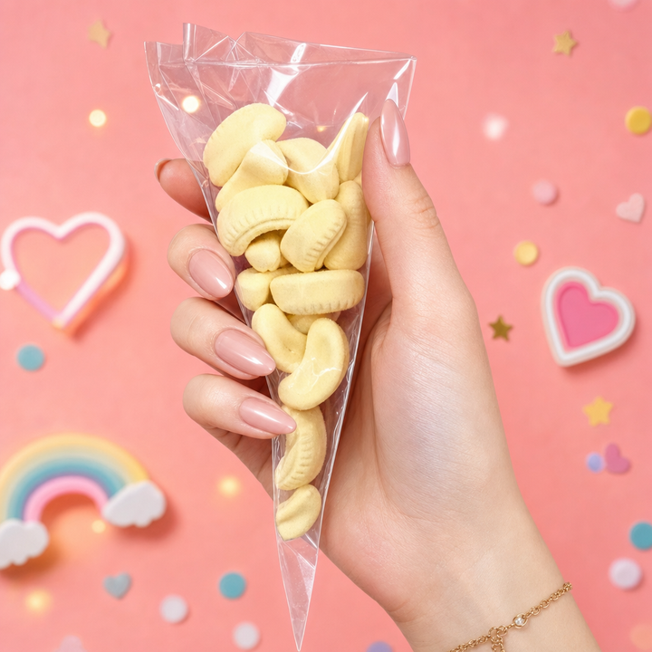 Hand holding a cone of mini foam banana sweets against a pink background with hearts and stars.